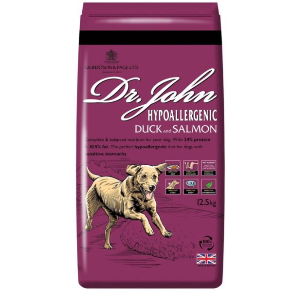 Dr. John Hypoallergenic Duck & Salmon 12,5kg - prémiové kompletné hypoalergénne krmivo pre dospelé psy s citlivosťou alebo potravinovou alergiou